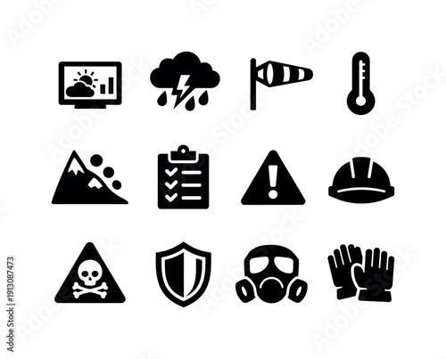   Weather and Safety. Filled icon set of Weather and Safety: weather forecast device, storm