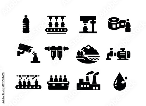    bottled water production. Solid icon set of bottled water production: PET bottle, water filling line, capping unit, labeling roll, inspection