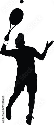 A tennis player in mid swing captured in a dynamic silhouette against a clean white background showcasing athleticism and focus in a moment of play