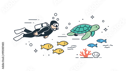 Sea creatures and scuba diving. A diver calmly swimming alongside fish and a sea turtle, gentle bubbles and motion lines showing peaceful
