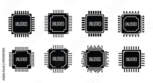 Collection of black and white microchip illustrations with unlocked tuning text