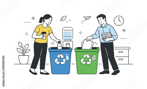 Office recycling routine. Employees placing bottles and paper into recycling containers during a work break. Calm workplace sustainability