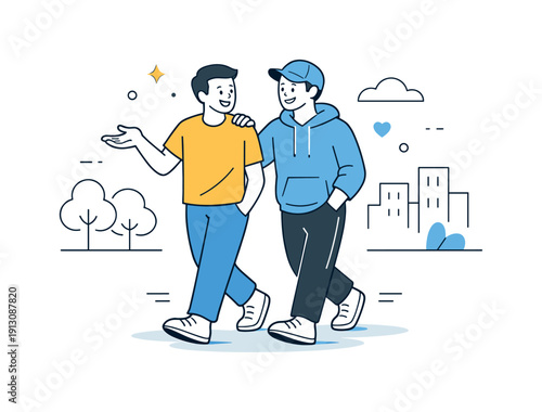 Walking with a friend. Two friends strolling casually, one gesturing while talking, with simple trees or buildings suggested in the