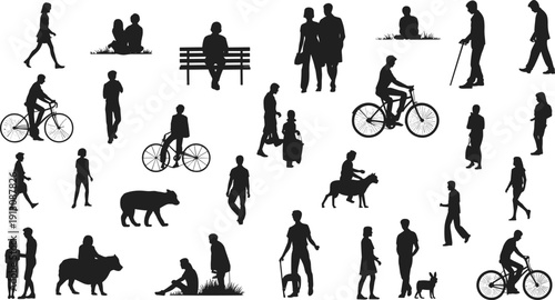 People and animal silhouettes collection with walking, cycling, sitting and wildlife figures in black and white vector illustration set