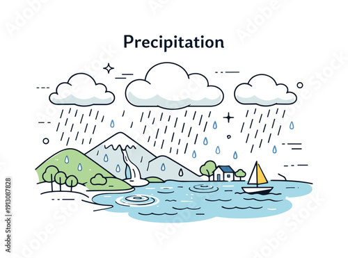 Water cycle. An editorial-style composition of precipitation, with rain falling gently from clouds onto land and water. Soft motion lines and