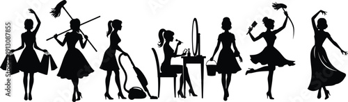 Housewife and lifestyle women silhouettes set with cleaning, shopping and beauty activities in black and white vector illustration