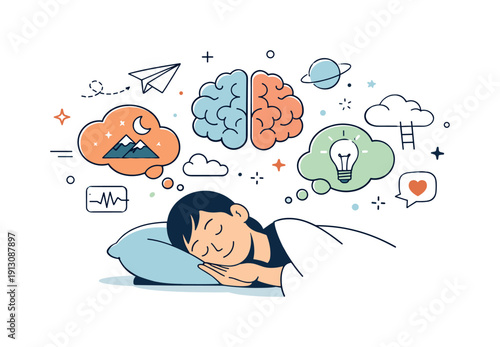 Dreaming Mindscape. Psychology and neurobiology of dreams. A person sleeping peacefully while abstract thought bubbles and brain shapes float above, calm and