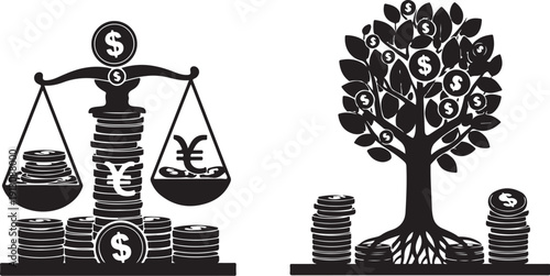 Financial balance and growth concept with money symbols