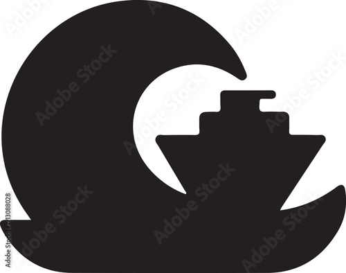 Ocean Wave with Cargo Ship Icon Solid, Black solid ocean wave icon with cargo ship silhouette, representing maritime transport, global shipping, sea trade, logistics and marine industry concepts.


