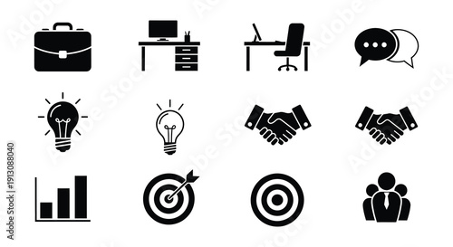 Black and white icons depicting business ideas and communication concepts
