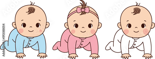 “Cartoon illustrations of crawling babies in blue, pink, and white outfits symbolizing childhood, parenting, diversity, and playful design”