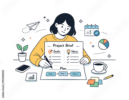 Creative brief for social post. A calm editorial scene of a marketer outlining goals and ideas on a clean brief document, with icons and