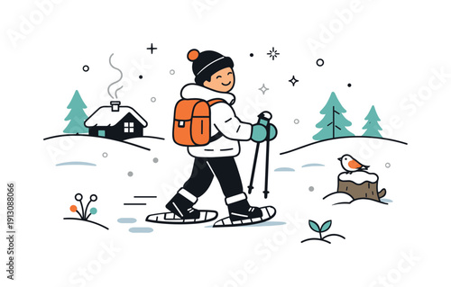 Snowshoeing in a winter wonderland. A friendly minimal scene with a person returning from a snowshoe hike, snow gently falling around them.