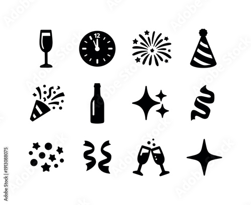   New year celebration drinks. Filled icon set of New year celebration drinks: champagne flute
