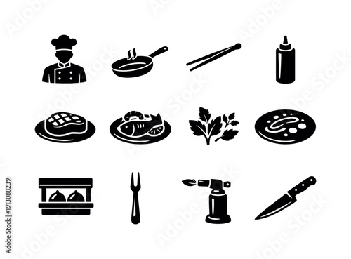 Chef-Crafted Cuisine. Solid icon set of Chef-Crafted Cuisine: professional chef, saute pan, plating tweezers, sauce bottle, gourmet steak,