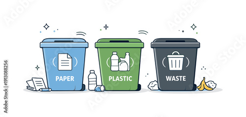 Waste sorting system. A clean editorial scene with multiple bins for paper, plastic, and general waste, neatly aligned to emphasize clarity