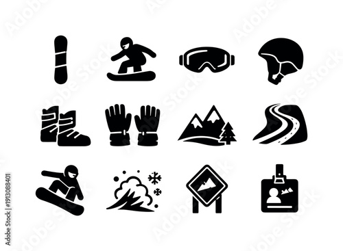 Snowboarding. Solid icon set of Snowboarding: snowboard, snowboarder, snow goggles, helmet, snowboard boots, gloves, snowy mountain, snow