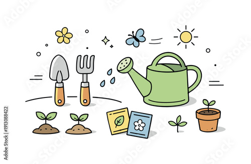 Spring Gardening Tools. Spring gardening tools. A calm editorial scene with simple hand tools like a trowel, rake, and watering can neatly arranged in space.