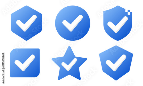 Set of Blue Gradient Check Mark Icons in Hexagon, Circle, Shield, Square and Star Shapes – Modern Verified Approval Badge Vector Illustration