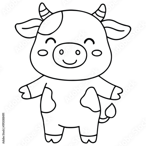 A charming dairy cow character with little horns and patches. This farm animal illustration is perfect for early childhood learning and agricultural-themed coloring activities.