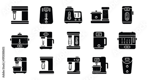 Black glyph icons depicting various coffee machines and espresso makers