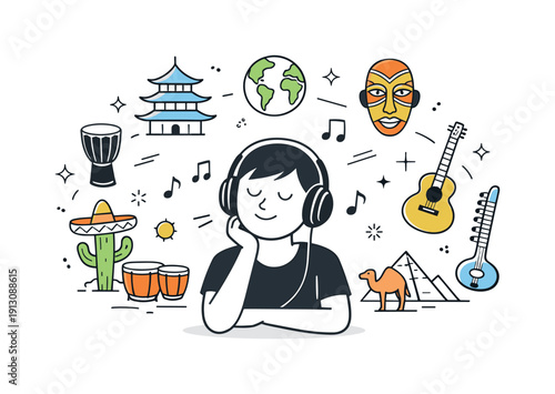 World music inspiration. Person listening to music through headphones while cultural icons and notes float around. Sense of curiosity,
