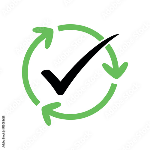 Black checkmark surrounded by green circular arrows representing approval