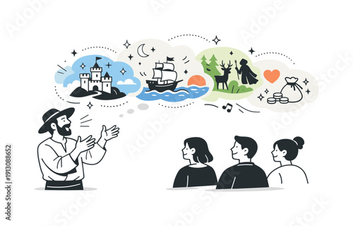 Expressive Folklore Storytelling. Folklore narration. A storyteller using expressive gestures while listeners imagine scenes, shown as soft abstract shapes and