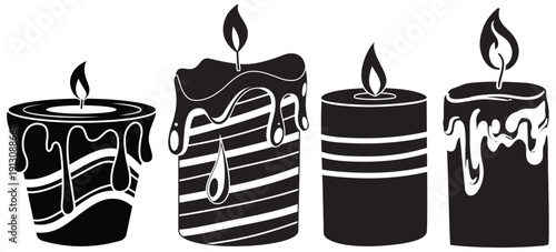 Black Candle Silhouettes Collection – Burning Wax Candles in Different Shapes, Minimal Vector Set