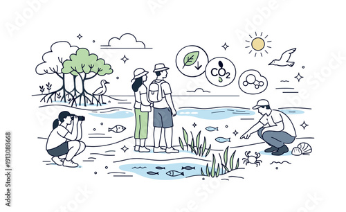 Tranquil Coastal Habitat. Blue carbon coastal ecosystem. A calm coastal scene with mangroves and seagrass absorbing carbon, people observing nature