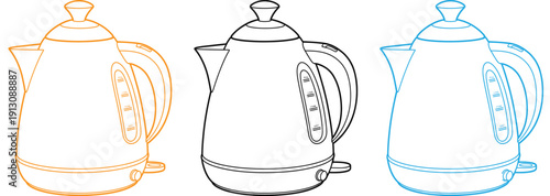 Solid color electric kettle with four distinct designs, vector illustration of kitchen appliances, stylish home icon, suitable for culinary branding, menu design, and professional creative graphics. 