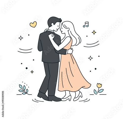 Romantic dance moment. A couple centered in the composition, dancing slowly at a wedding or special event. Gentle motion lines and open space