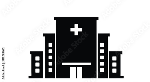 Simple black and white icon of a hospital building with a cross symbol