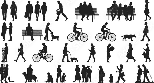 City people silhouettes collection with walking, cycling, sitting on benches and dog owners in black and white vector illustration