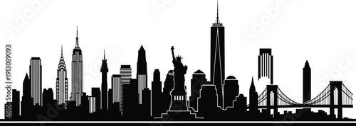New York City skyline silhouette with famous landmarks isolated on white background travel architecture vector illustration - flat vector illustration