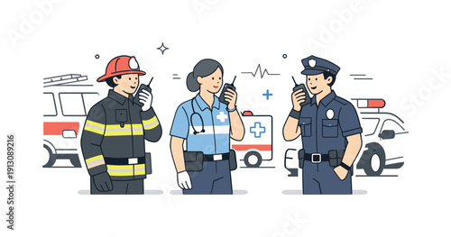 First responders teamwork. Firefighter, medic, and police officer exchanging information via radios near emergency vehicles. Calm control and
