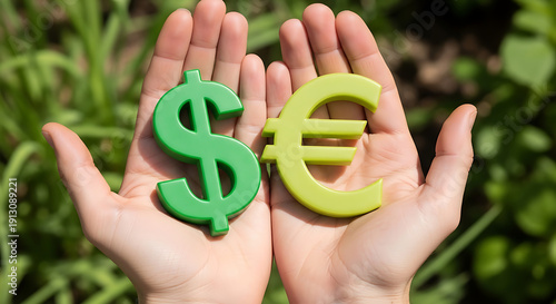 hand holding a Dollar Symbol and Euro Symbol.