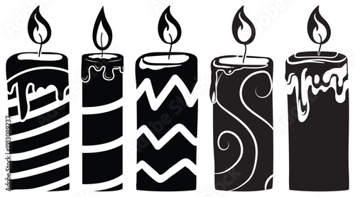 Black Candle Silhouettes Collection – Burning Wax Candles in Different Shapes, Minimal Vector Set