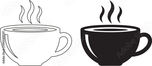 Modern black-and-white vector illustration collection featuring hot beverage cups with steam, coffee mugs, and tea cup designs. Perfect for café branding, restaurant menus, coffee shop logos