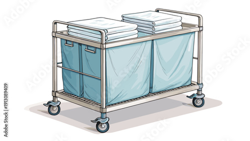 Laundry cart with clean towels on wheels in a laundry room  