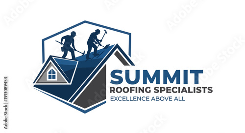 Summit Roofing Specialists logo with two roofers working on a house roof, symbolizing excellence and professional service.