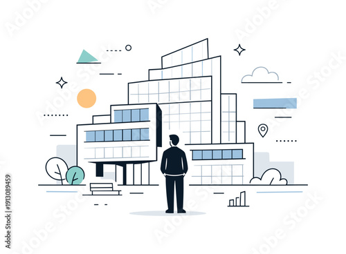 Architecture shaping the city. A person standing in front of a large modern building, quiet reflection and sense of scale. Clean city lines,