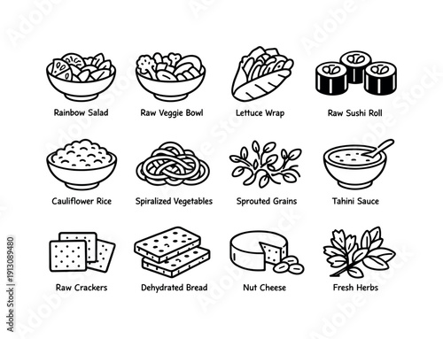    Raw vegan meals. Line icon set of raw vegan meals: rainbow salad, raw veggie bowl, lettuce wrap, raw sushi roll, cauliflower rice, spiralized