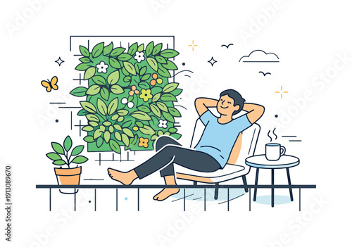 Enjoying a balcony vertical garden. A person relaxes next to a lush green wall with plants growing upward, creating a peaceful urban retreat.