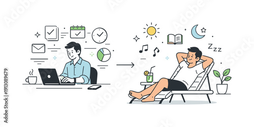Modern productivity. A relaxed professional completing work efficiently, leaving space for rest and balance, highlighting smart use of time.