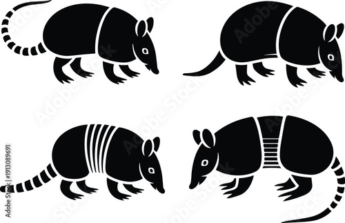Black vector silhouette set of armored armadillos featuring detailed shell bands and various walking poses for wildlife conservation zoology research and exotic animal branding,