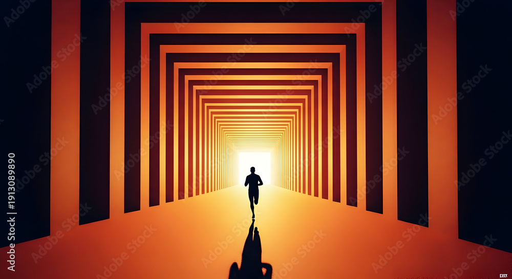 © Sugiri80 - Silhouette of a Person Running Towards the Light at the End of a Tunnel.