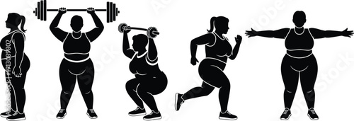Black vector silhouette set of a curvy plus size woman exercising including weightlifting running and stretching for fitness health body positivity and gym branding
