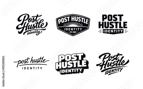    Post hustle identity. Set lettering. harmonious lettering variations of the same emblematic concept, each with different artistic