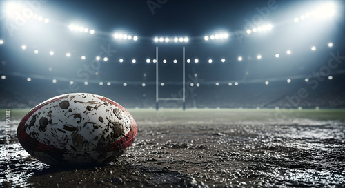 Rugby Ball on a Muddy Field Under Stadium Lights at Night.